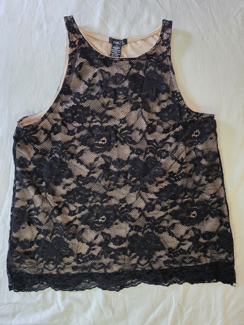 rue21 Black Floral Lace High Neck Tank Top Nude Lining Size Medium M